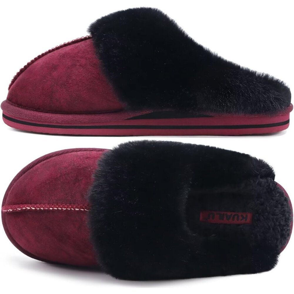Women's Dark Red Fluff Memory Cozy Winter Warm Scuff Slip On Slippers Shoes